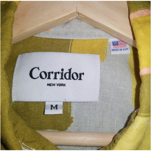 Corridor NYC LS Shirt 100% Linen Yellow and Brown Checked Patterned Made in USA - Picture 3 of 4
